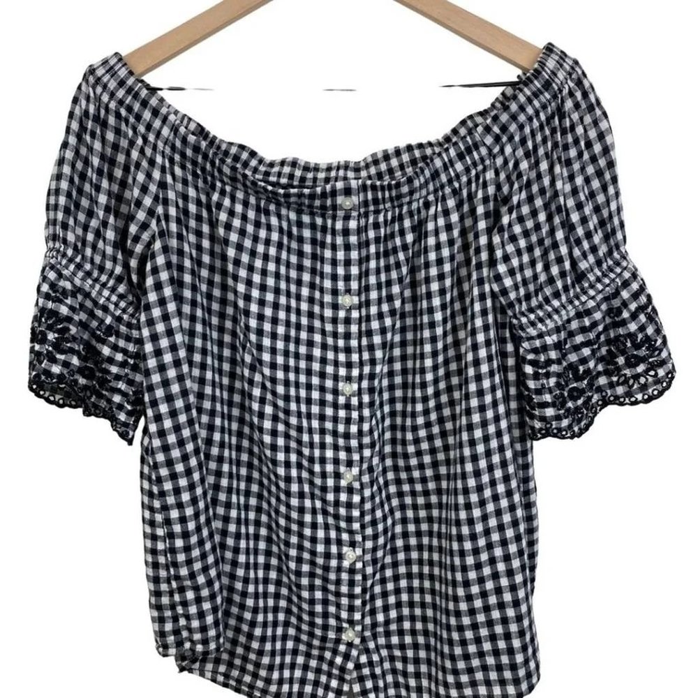 Gap Checkered off Shoulder Blouse with Elbow Length Sleeves Black & White Small